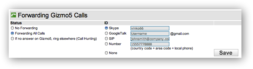 Gizmo5 forward to Skype