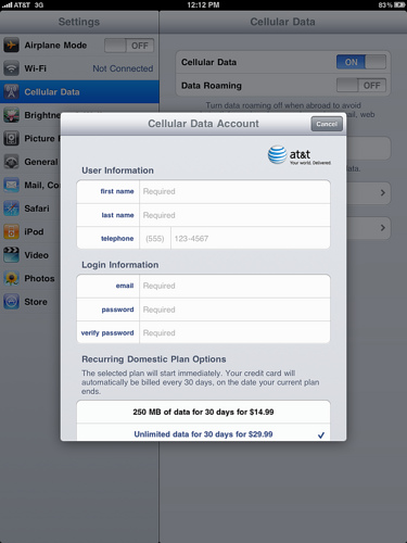 iPad WiFi+3G Cellular Account Data Screen