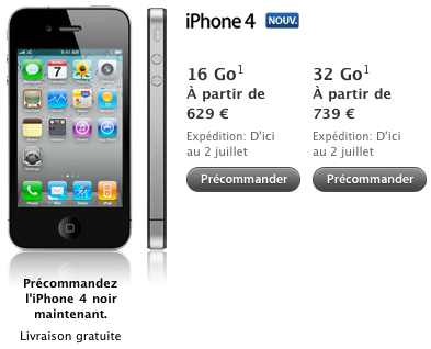 Screen Shot of iPhone 4 France Estimate Ship Date to July 2nd